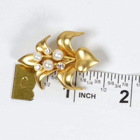 Swarovski Signed Gold Tone Crystal Faux Pearl Lily Mini Brooch Pin - Picture 6 of 7
